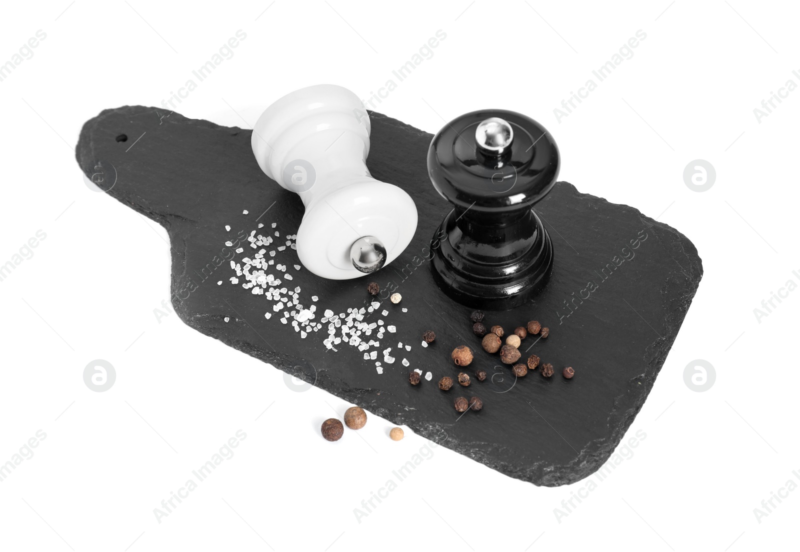 Photo of Two shakers with pepper and salt isolated on white