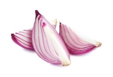 Photo of Fresh cut red onion on white background