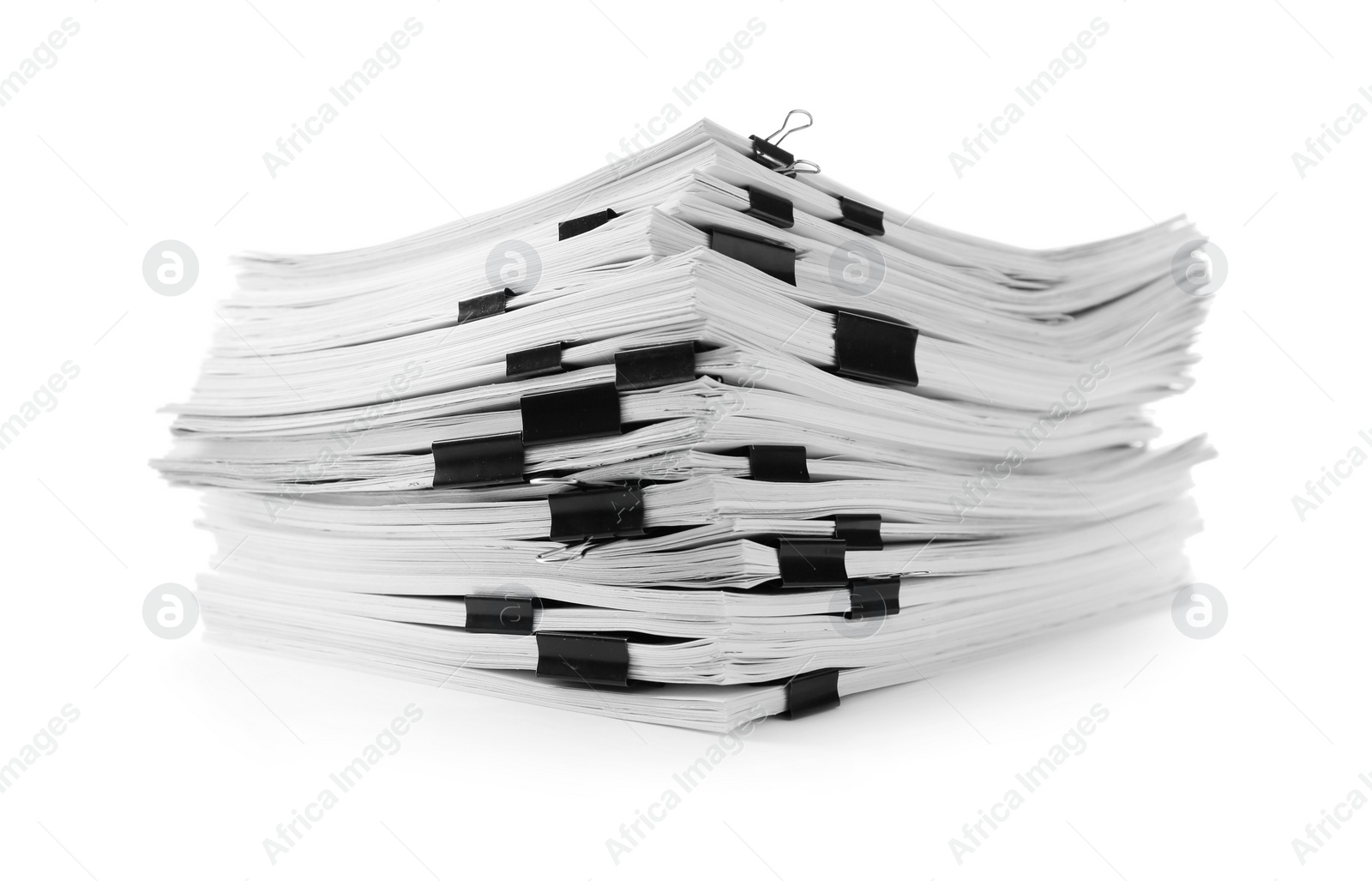 Photo of Stack of documents with black paper clips on white background