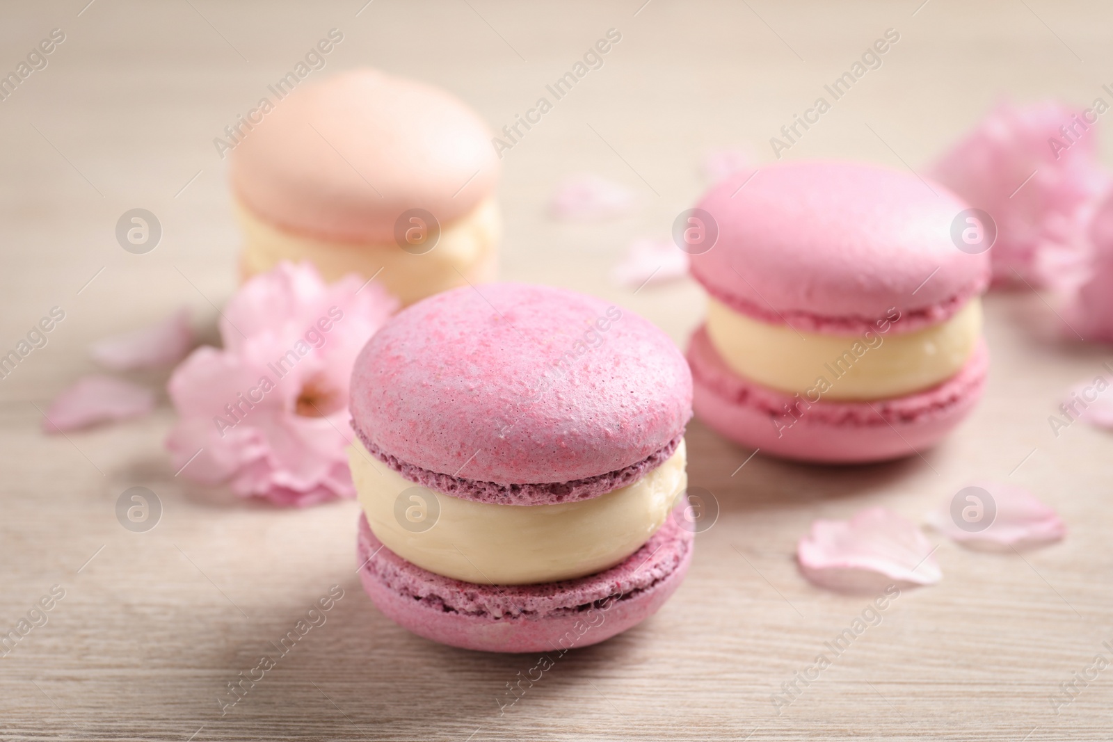 Photo of Pink macarons and flowers on white wooden table