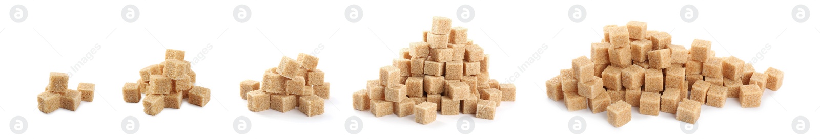 Image of Set with cubes of brown sugar on white background. Banner design