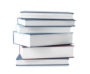 Photo of Stack of hardcover books on white background