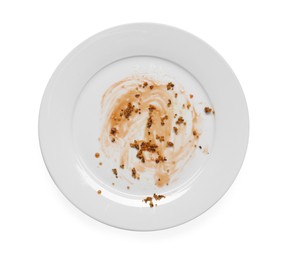 Dirty plate with smeared sauce on white background, top view