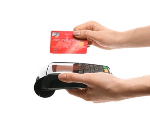 Photo of Woman holding payment terminal and credit card on white background, closeup