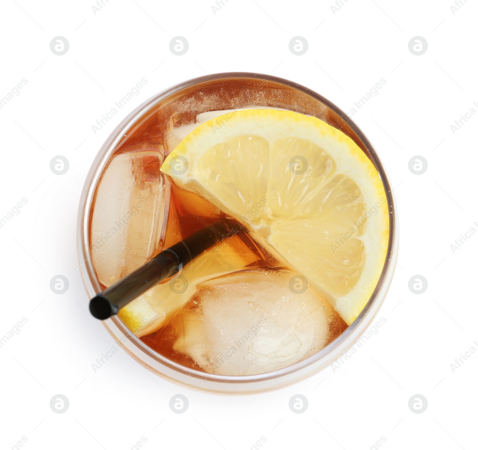 Photo of Glass of refreshing iced tea with lemon slices on white background, top view