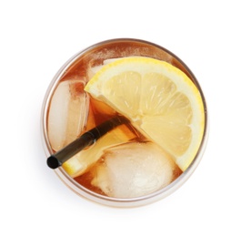 Photo of Glass of refreshing iced tea with lemon slices on white background, top view