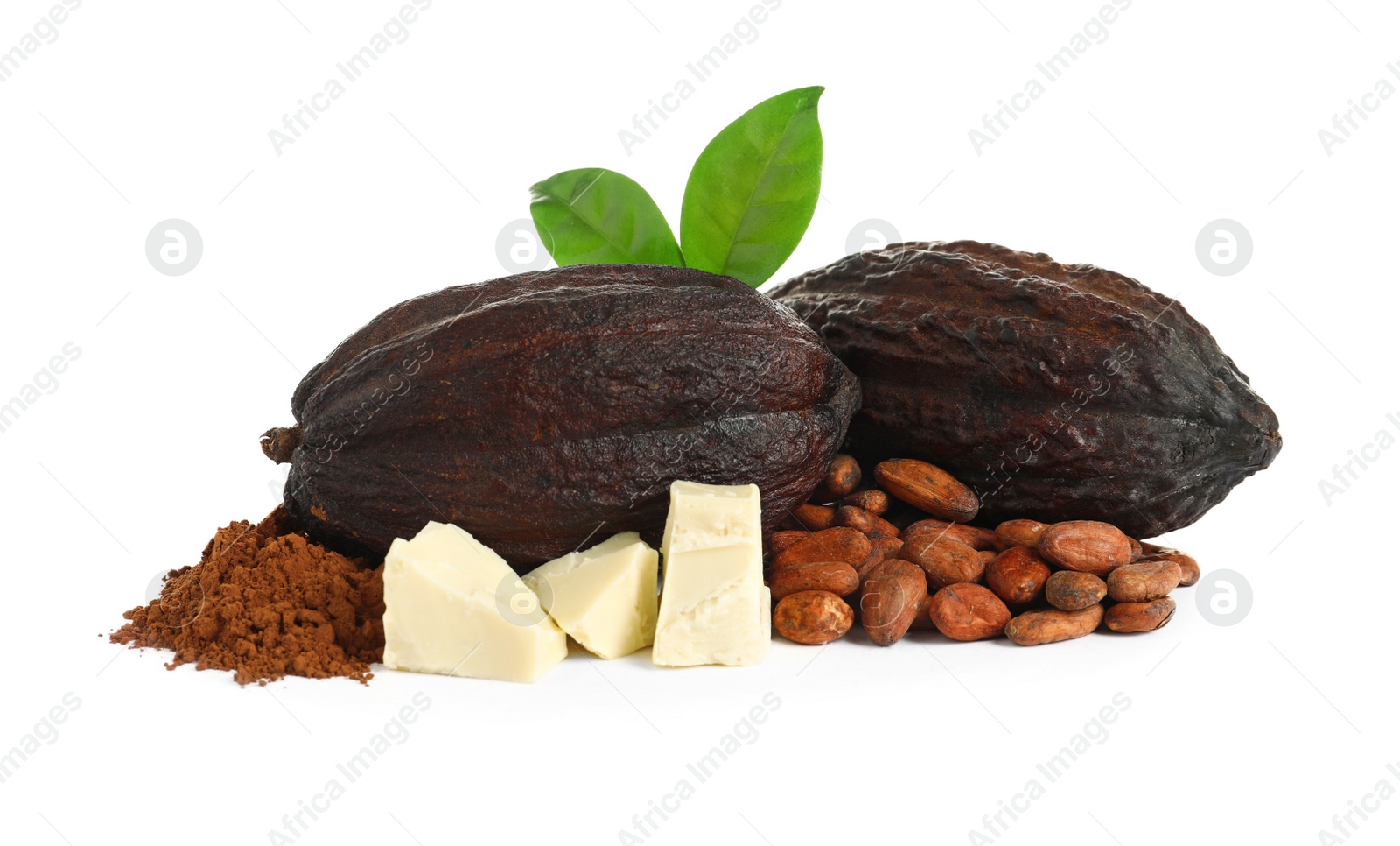 Photo of Composition with cocoa products on white background