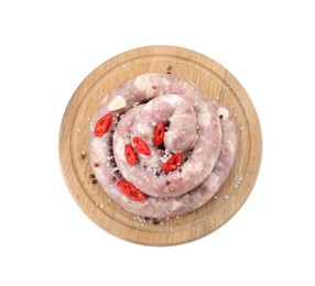Photo of Board with homemade sausage, chili and spices isolated on white, top view