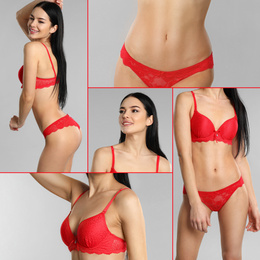 Collage of beautiful young woman in red underwear on grey background