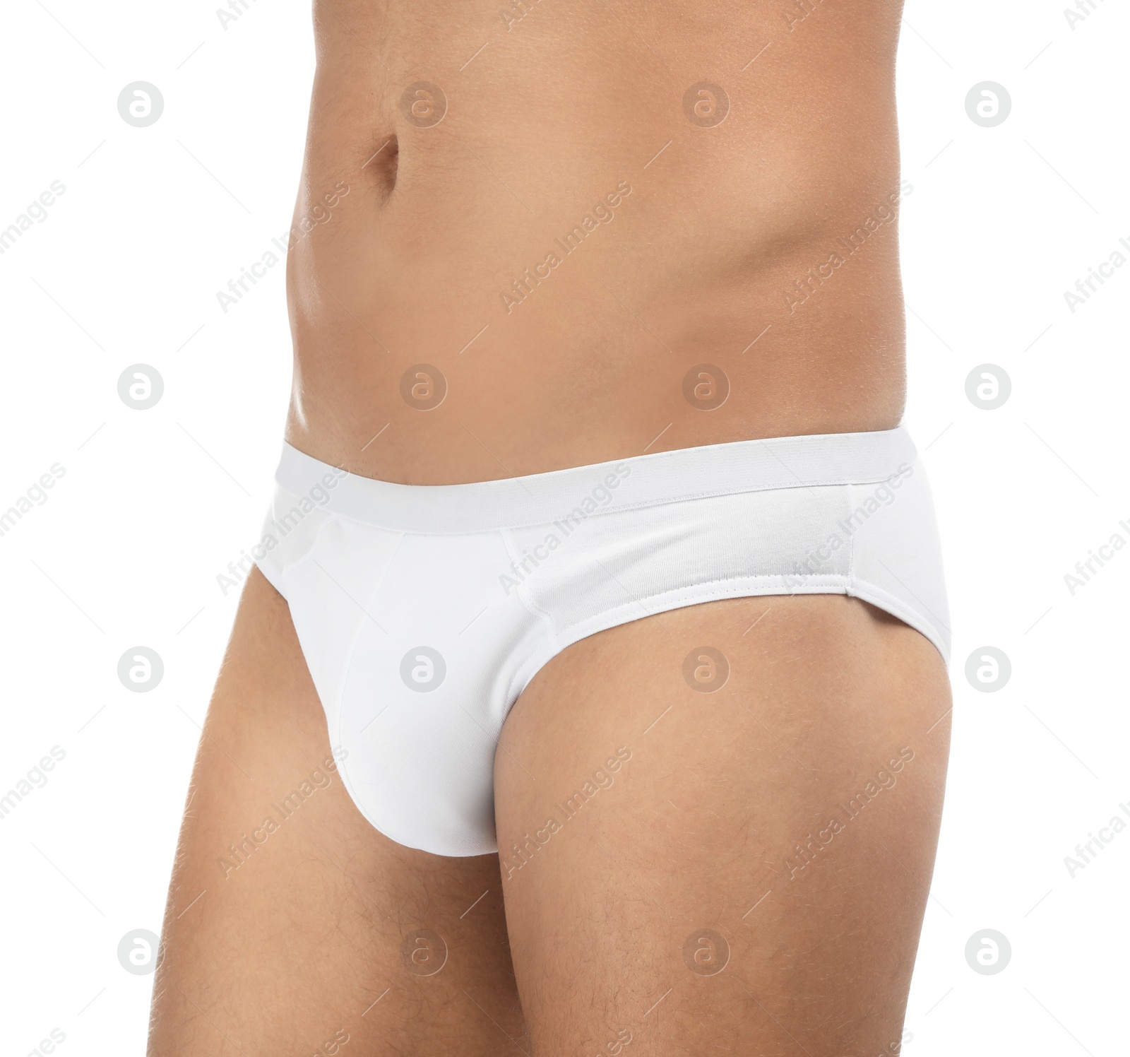 Photo of Man in underwear on white background, closeup