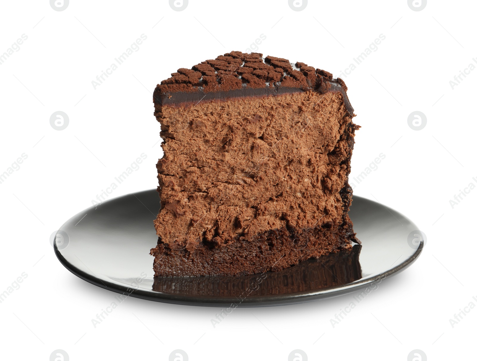 Photo of Piece of delicious chocolate truffle cake isolated on white