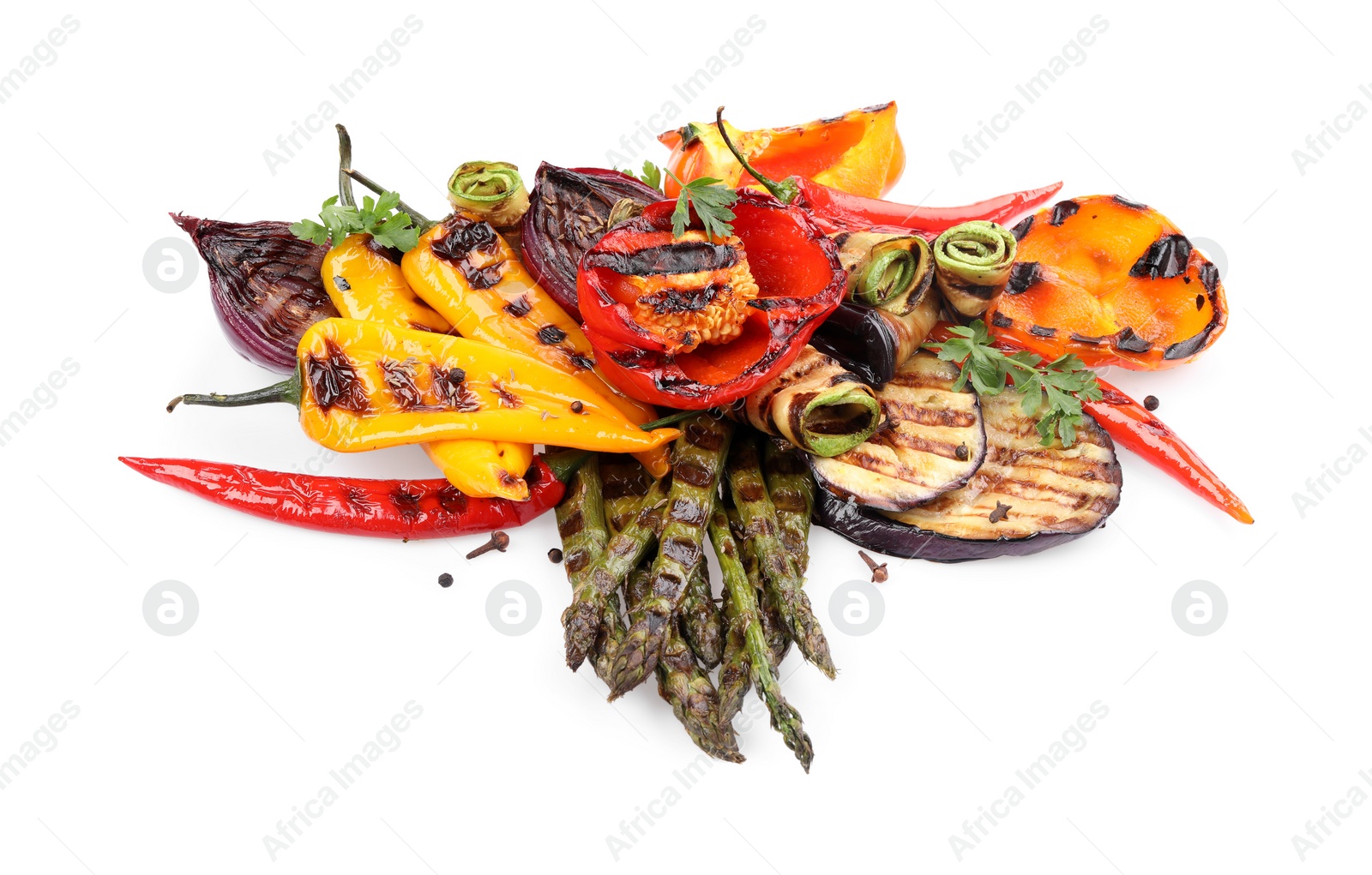 Photo of Different delicious grilled vegetables isolated on white