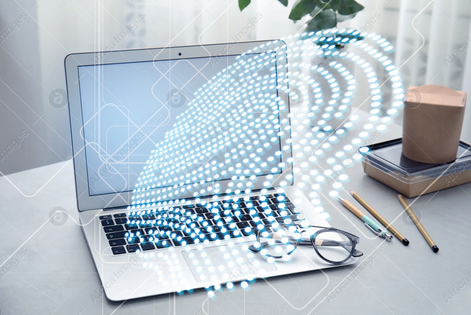 Image of Fingerprint identification. Modern laptop on table indoors