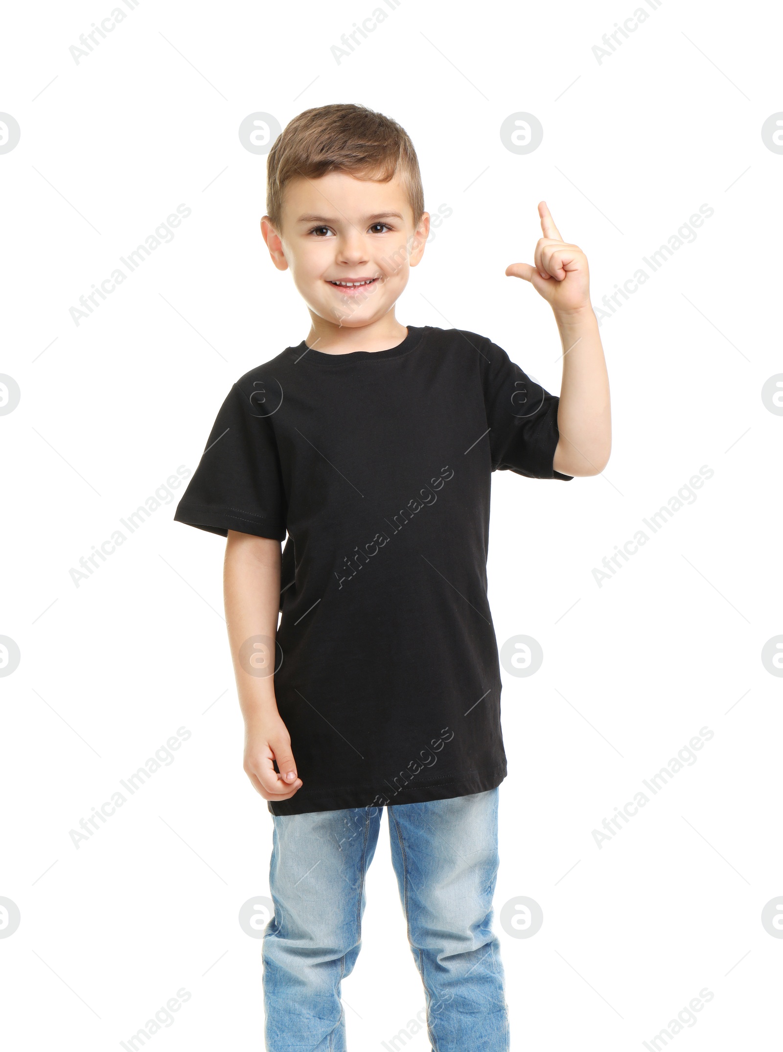 Photo of Little boy in t-shirt on white background. Mockup for design