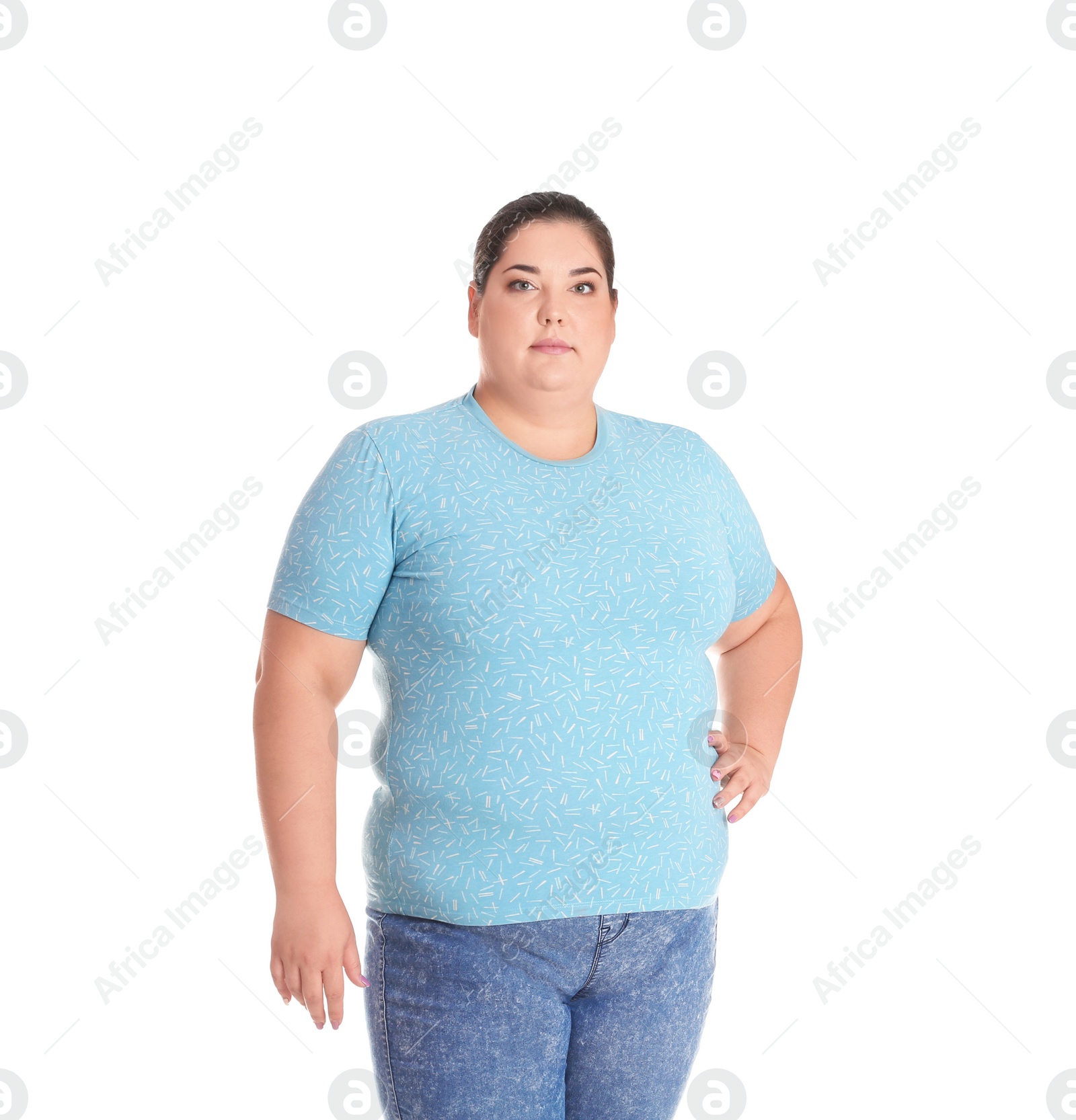 Photo of Overweight woman before weight loss on white background