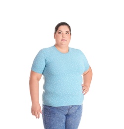 Overweight woman before weight loss on white background
