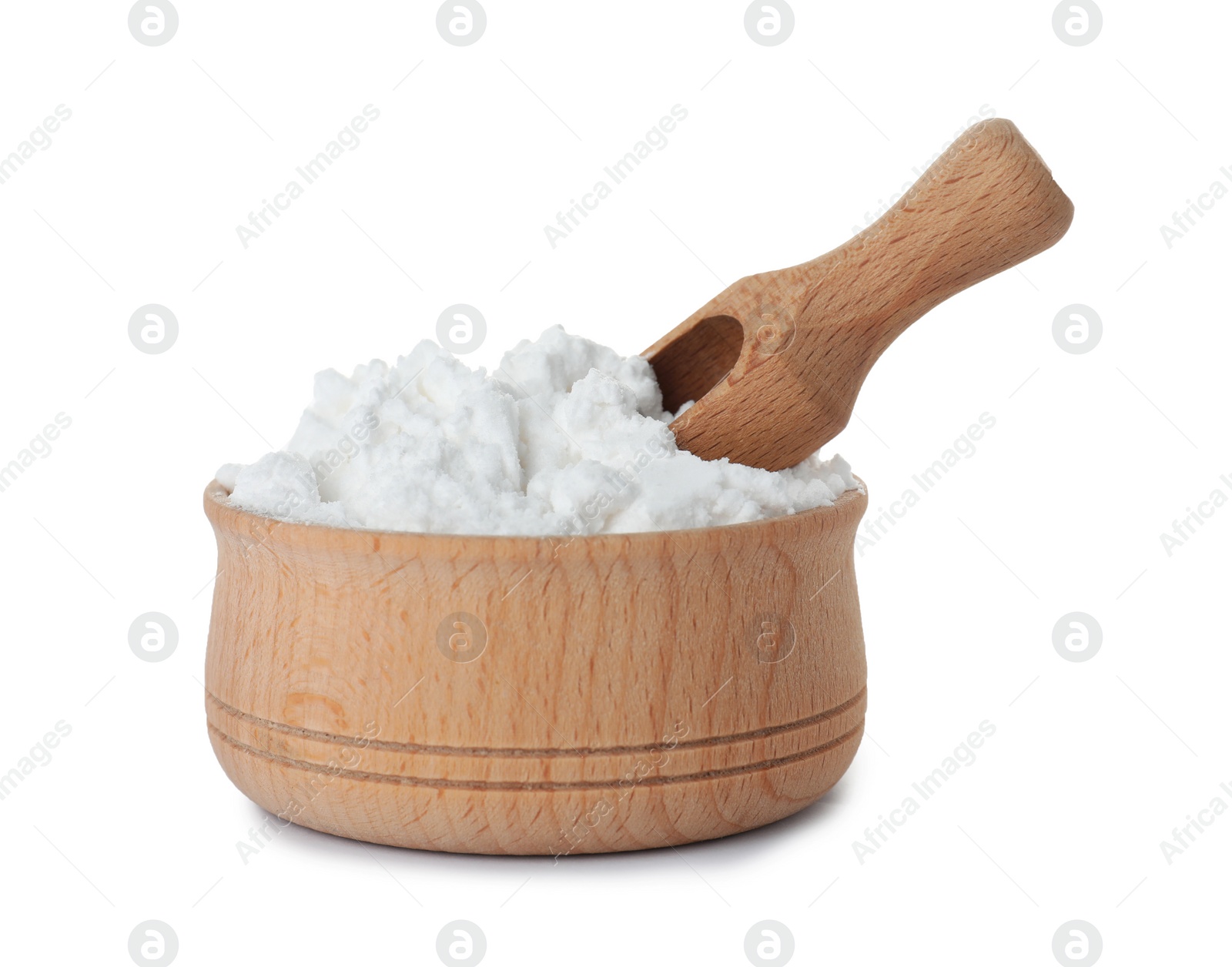 Photo of Bowl with corn starch and scoop on white background