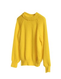 Photo of Stylish yellow knitted sweater isolated on white