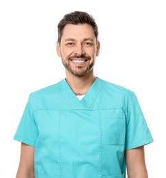 Photo of Doctor or medical assistant (male nurse) in uniform on white background