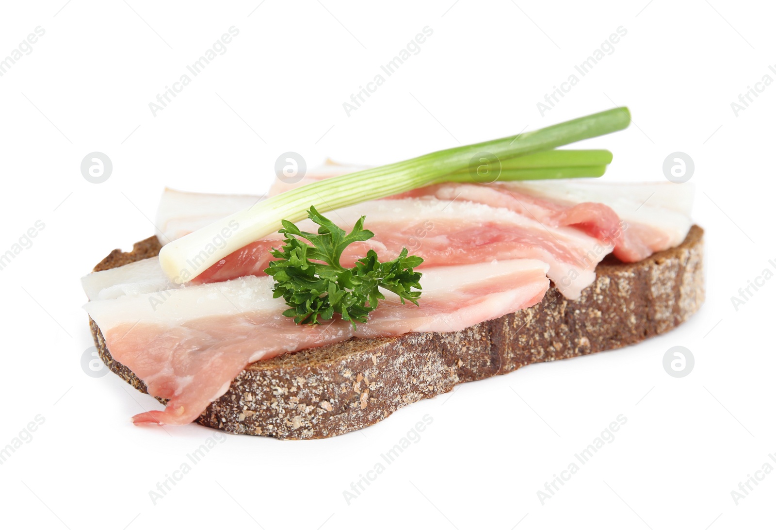 Photo of Pork fatback sandwich with onion isolated on white