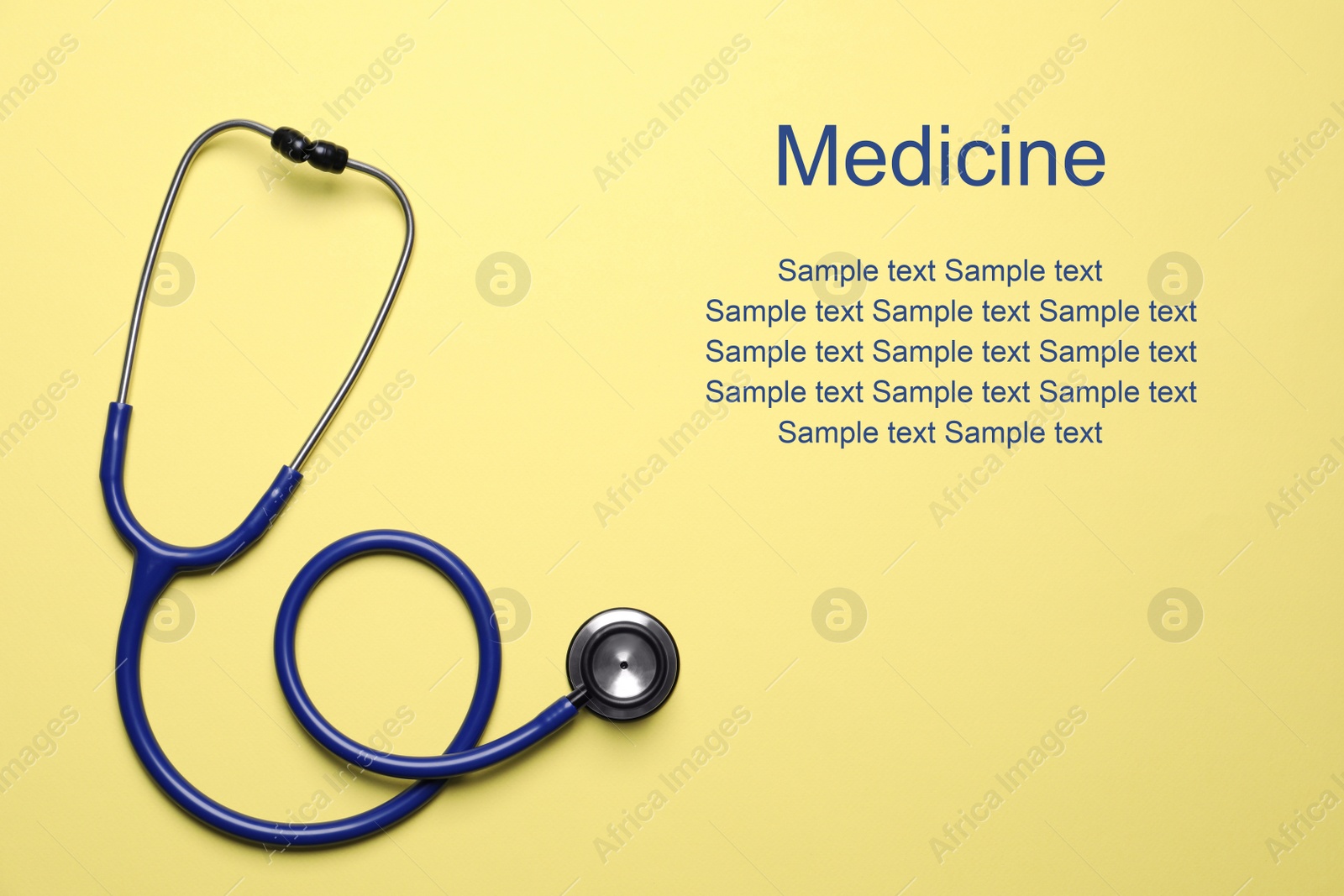 Image of Stethoscope on yellow background, top view. Space for text