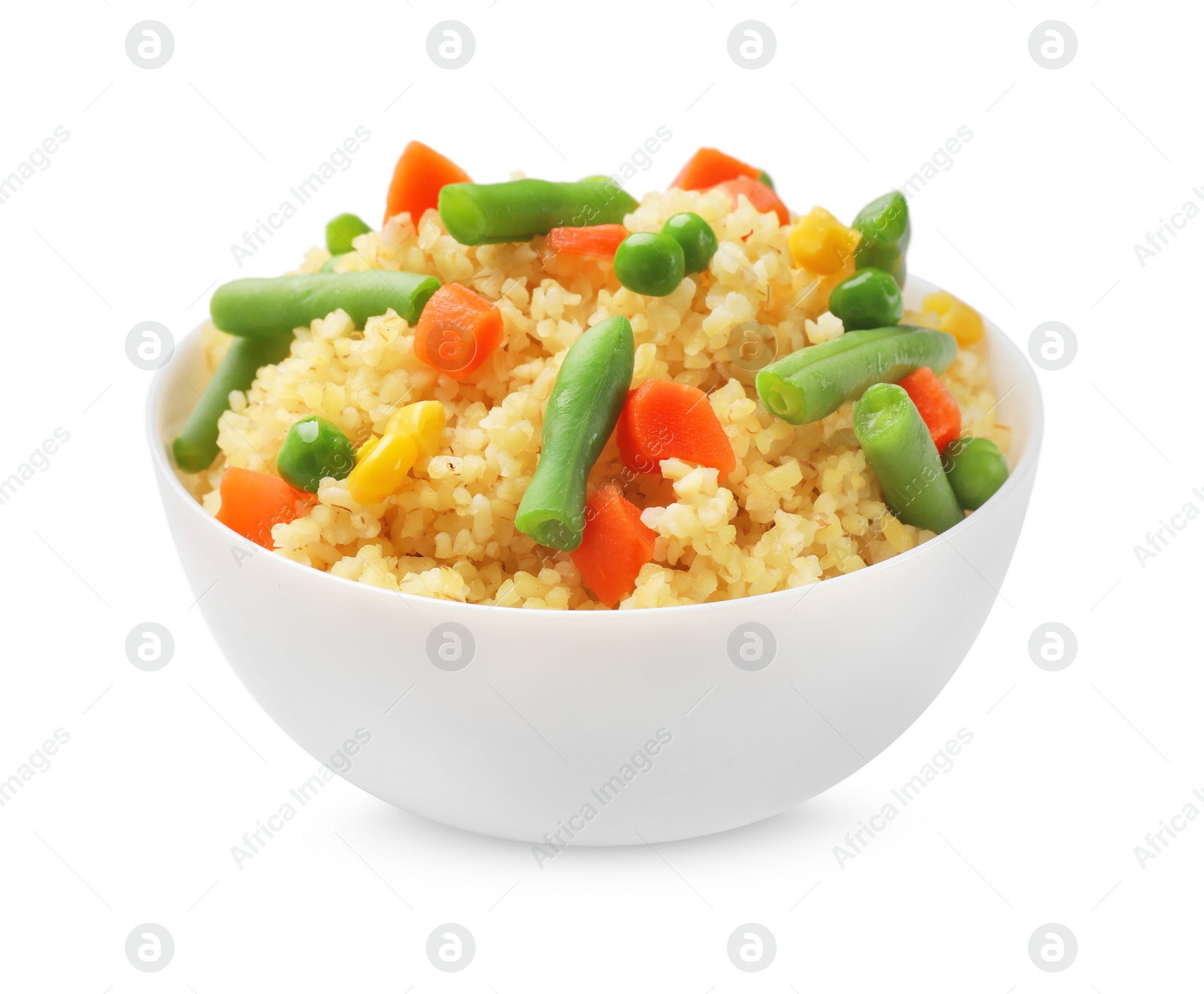 Photo of Delicious bulgur with vegetables in bowl isolated on white