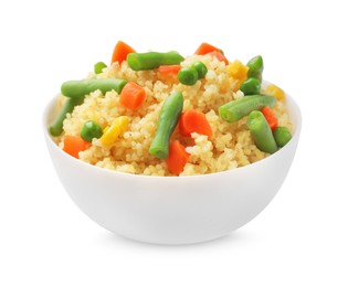 Photo of Delicious bulgur with vegetables in bowl isolated on white