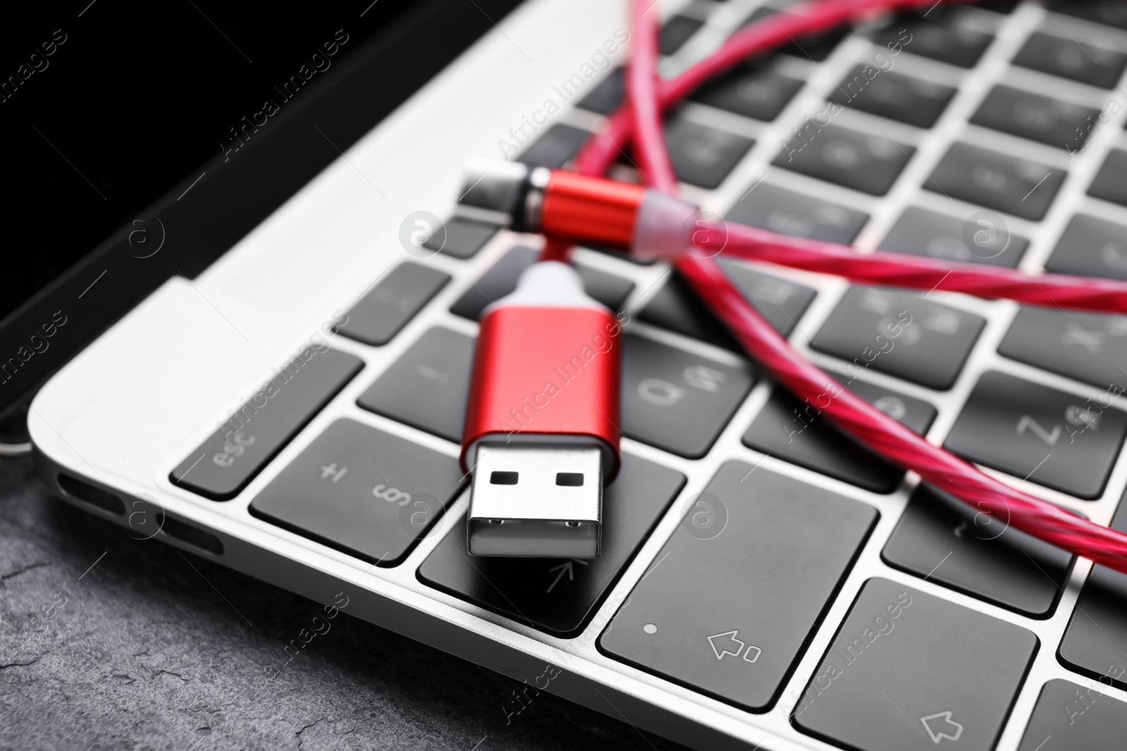 Photo of USB cable with type C connector on laptop keyboard, closeup