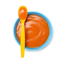 Delicious baby food in bowl and spoon isolated on white, top view