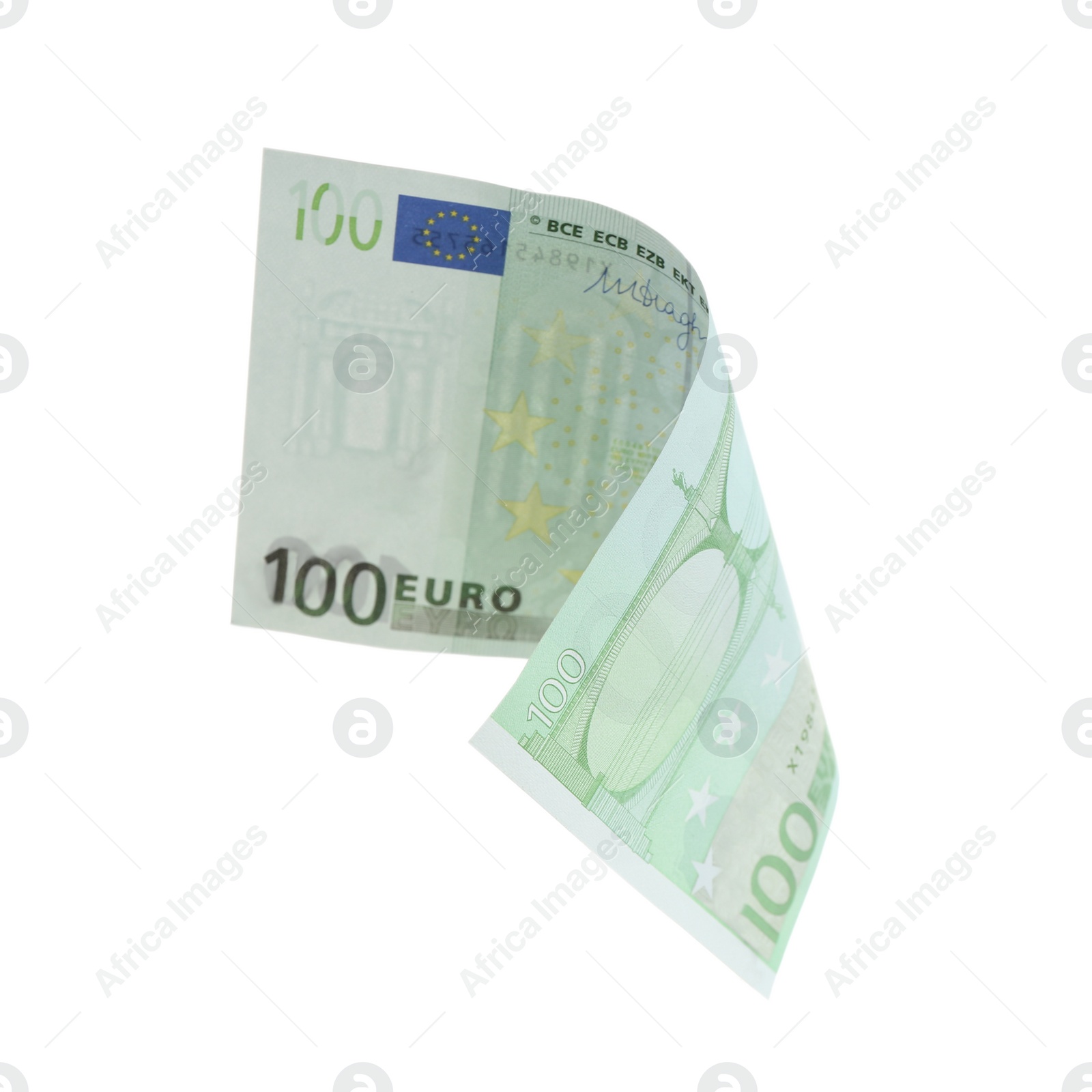 Photo of Euro banknote isolated on white. Flying money