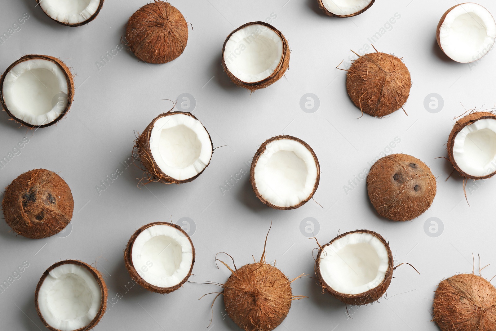 Photo of Coconut pattern on white background, top view