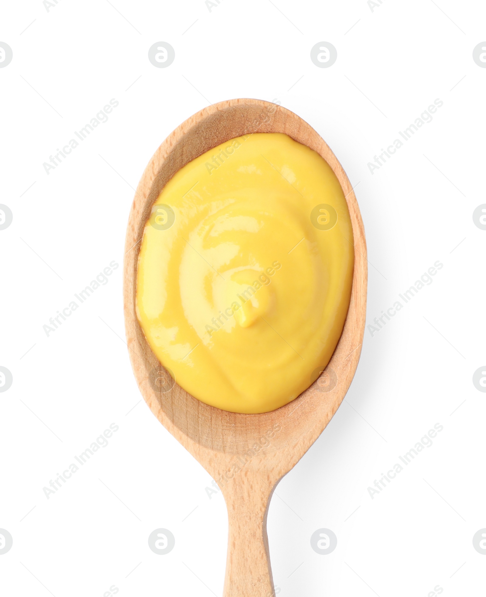 Photo of Delicious mustard in wooden spoon isolated on white, top view