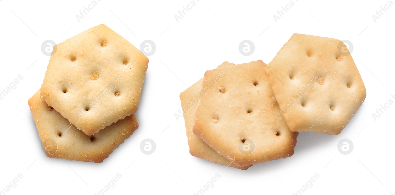 Image of Set of tasty crispy crackers on white background, top view