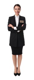 Full length portrait of happy young receptionist in uniform on white background