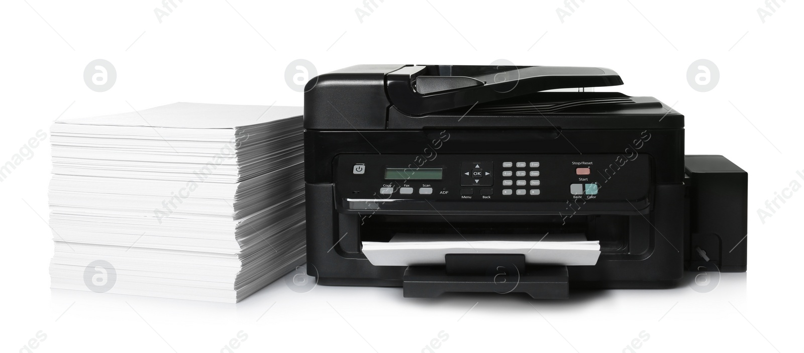 Photo of Modern printer and stack of paper on white background