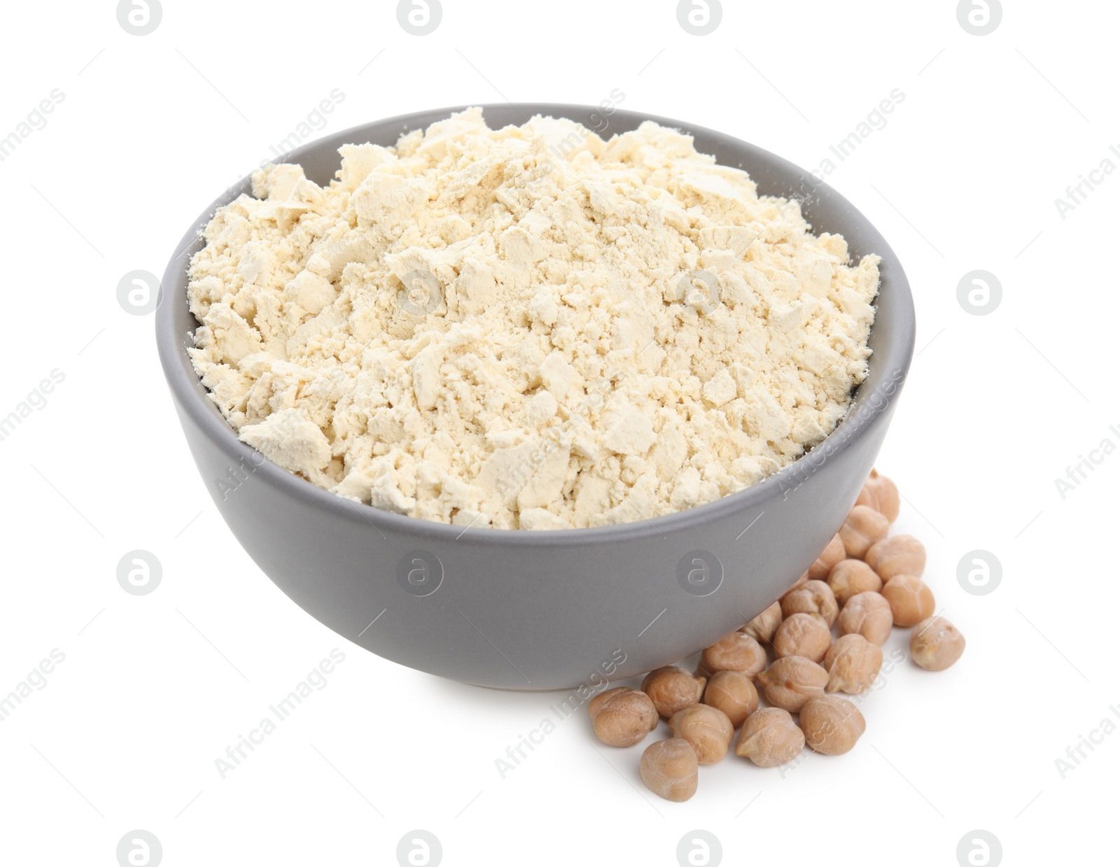 Photo of Chickpea flour in bowl and seeds isolated on white