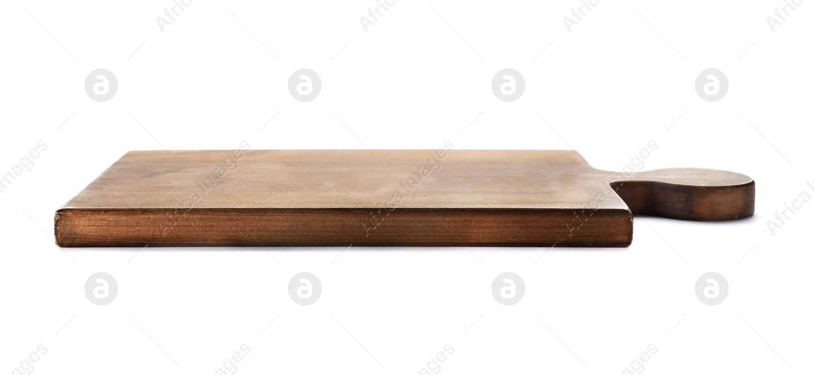 Photo of Wooden board on white background. Kitchen accessory