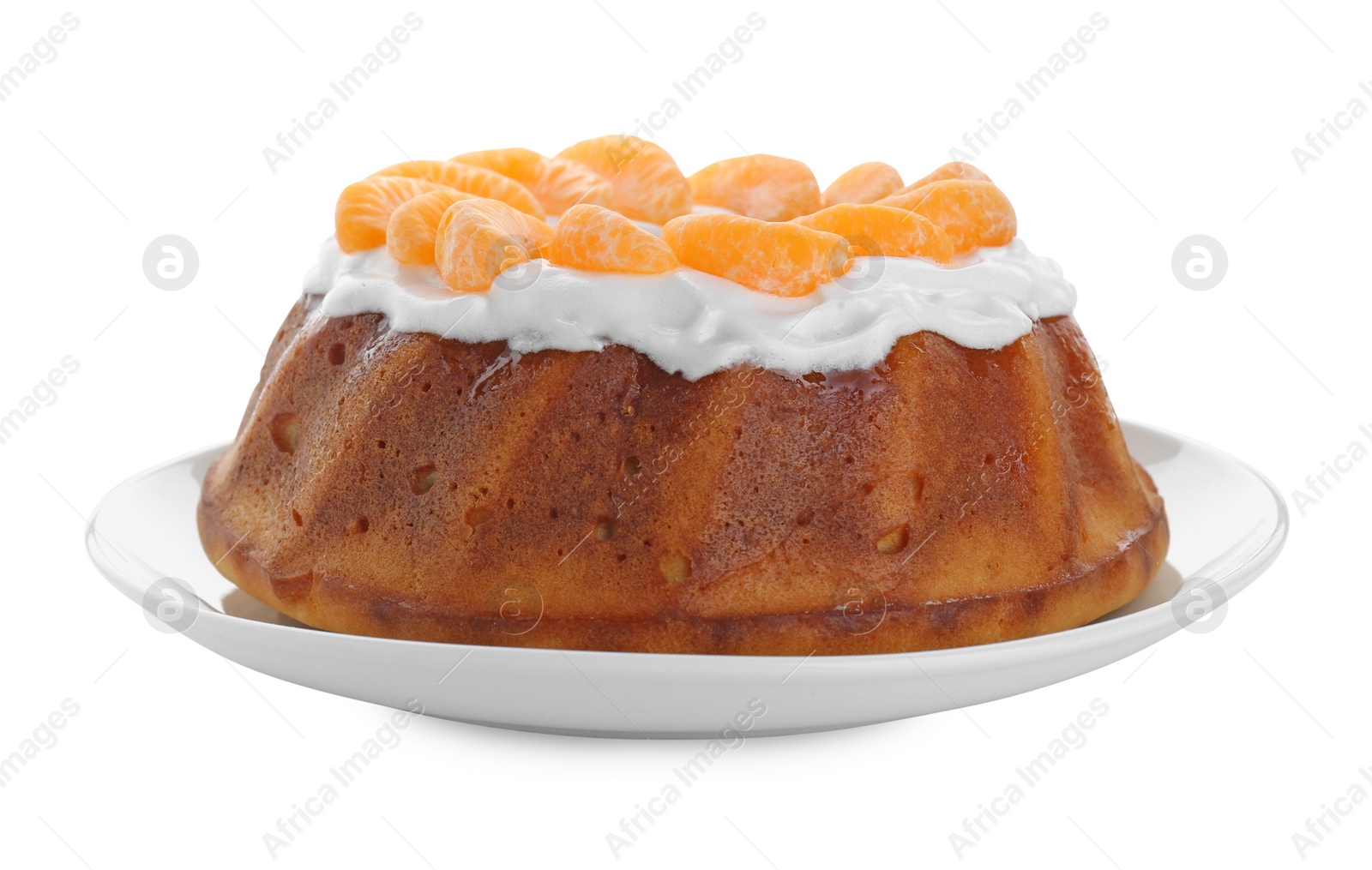 Photo of Homemade yogurt cake with tangerines and cream on white background