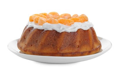 Photo of Homemade yogurt cake with tangerines and cream on white background