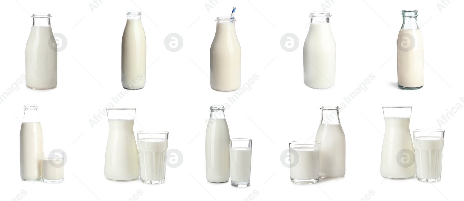 Image of Set with different glassware of fresh milk on white background. Banner design
