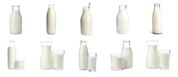 Set with different glassware of fresh milk on white background. Banner design