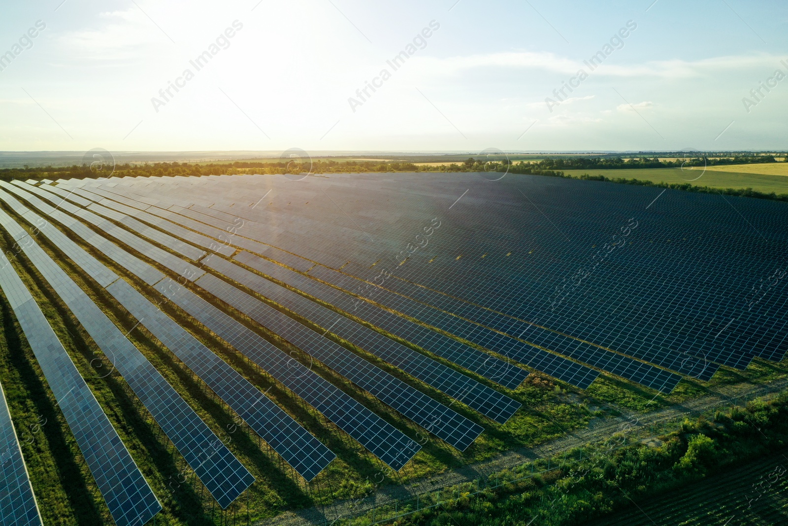 Photo of Solar panels installed outdoors, aerial view. Alternative energy source