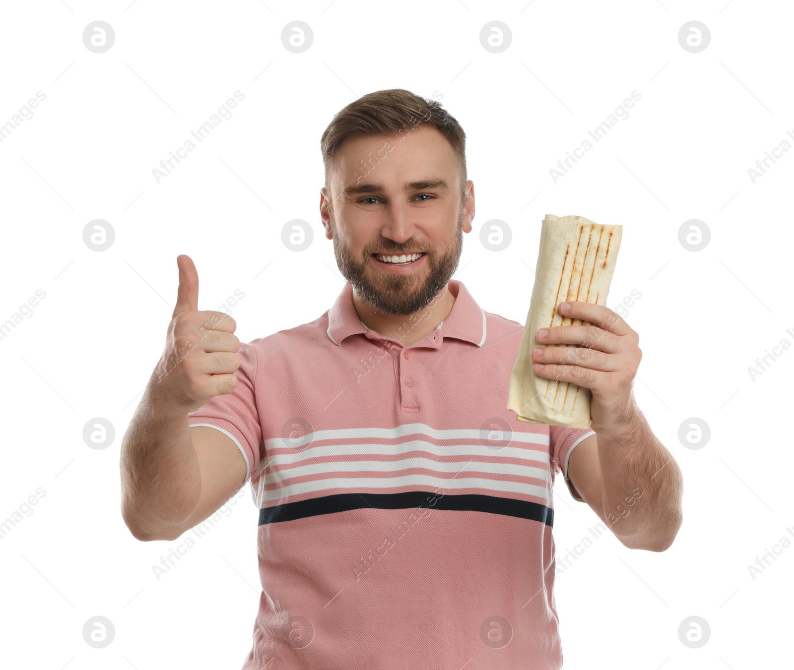 Photo of Young man with delicious shawarma on white background