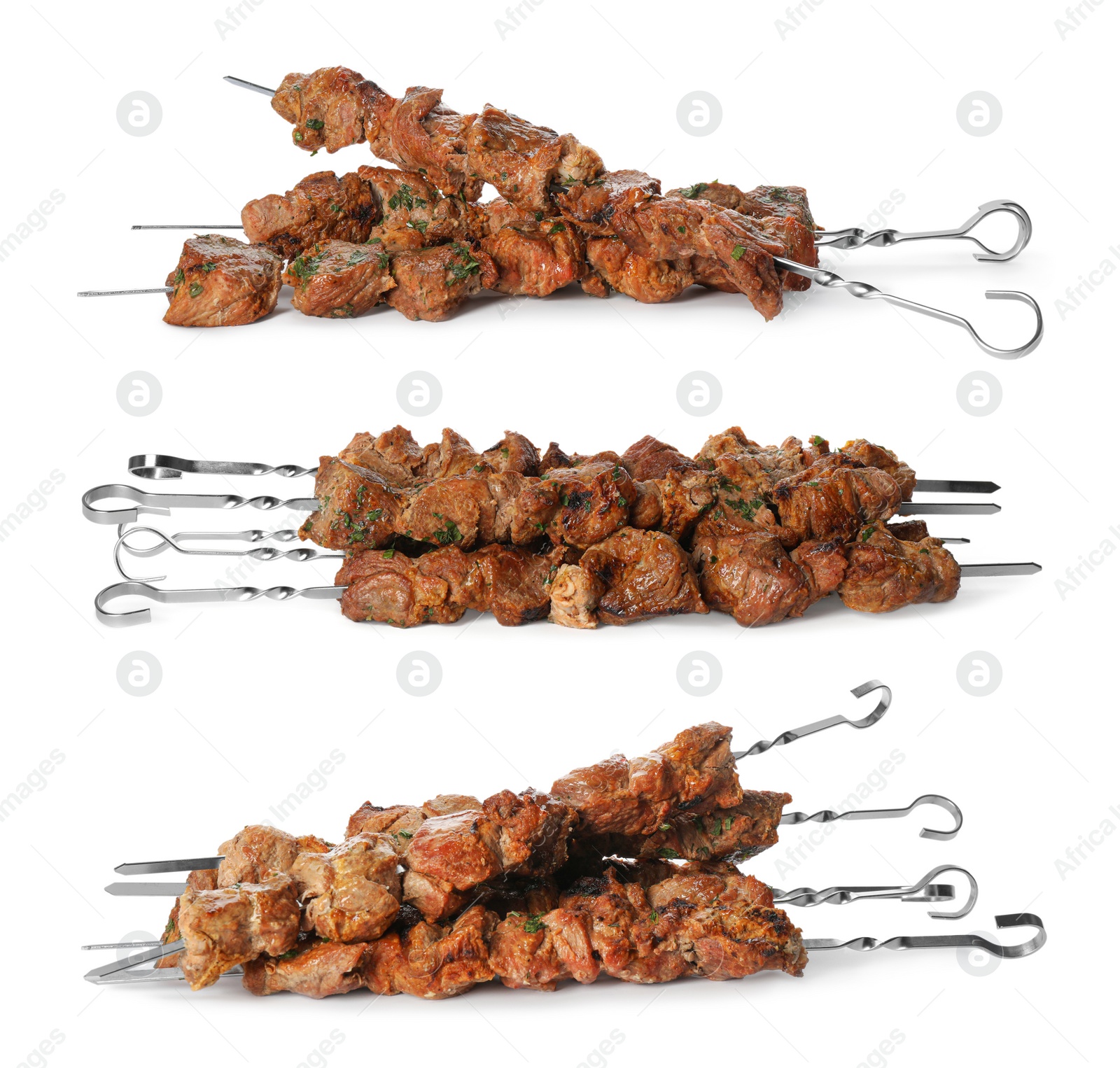 Image of Metal skewers with delicious meat on white background, collage