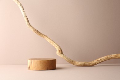 Photo of Presentation for product. Wooden podium and tree branch on beige background. Space for text