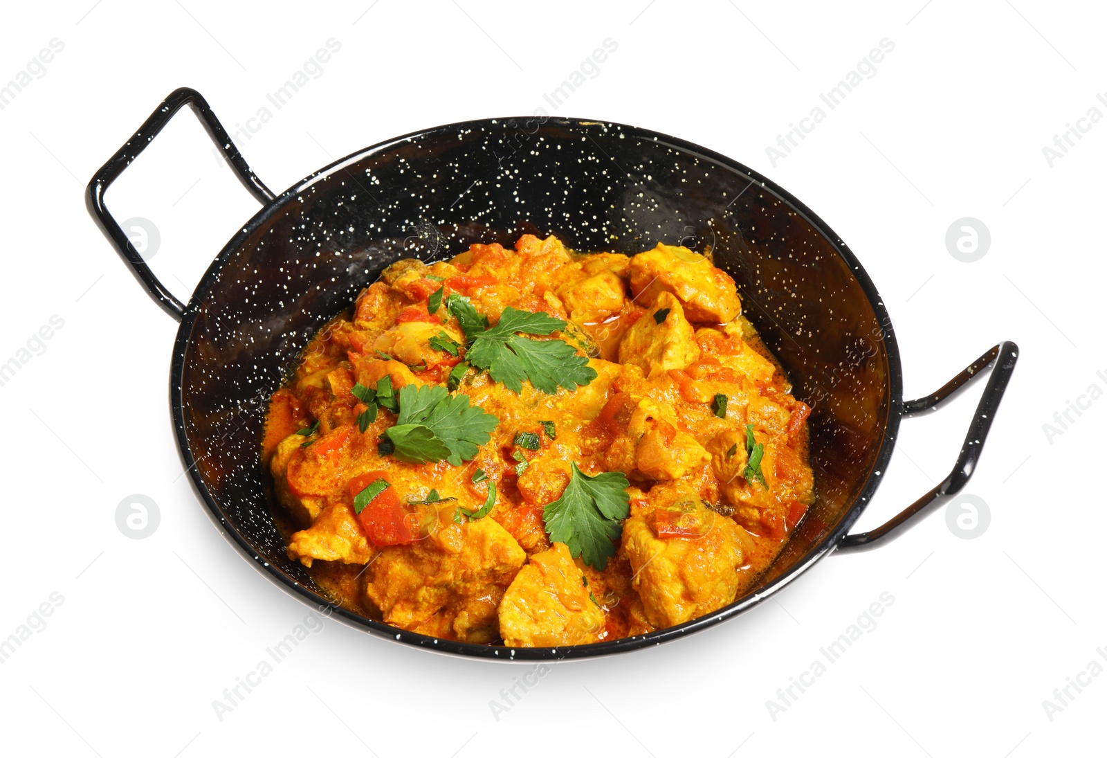 Photo of Delicious chicken curry in frying pan isolated on white