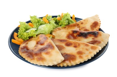 Photo of Delicious fried chebureki with vegetables isolated on white
