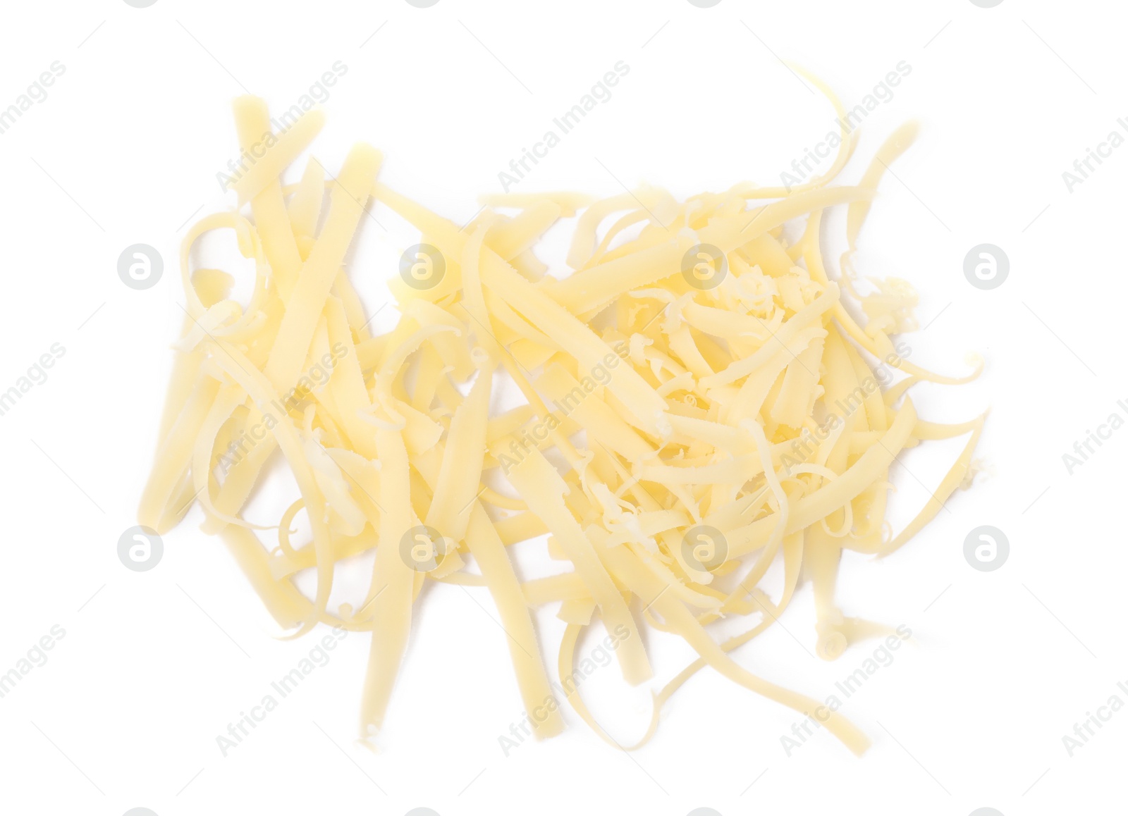 Photo of Pile of tasty grated cheese isolated on white, top view