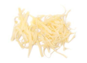 Photo of Pile of tasty grated cheese isolated on white, top view