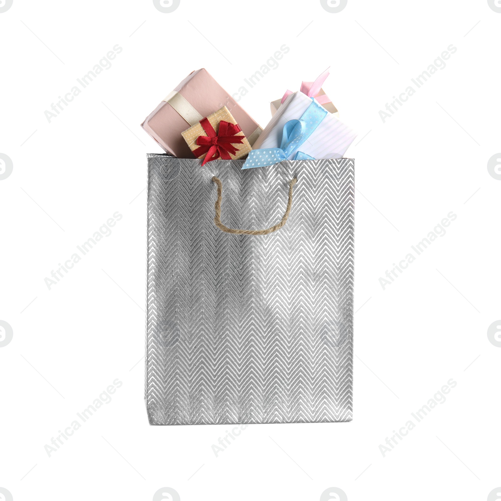 Photo of Shopping paper bag with presents isolated on white